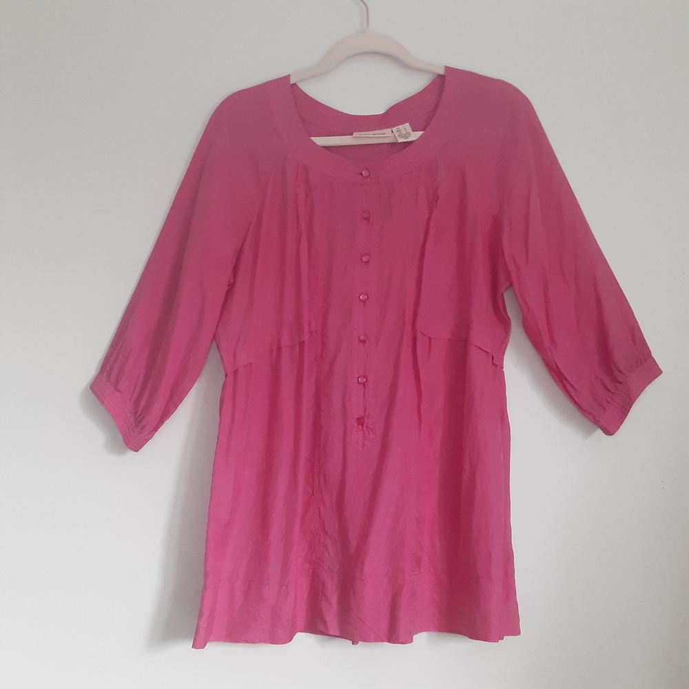 DKNY Vibrant Pink Silk Tunic Blouse with Buttons